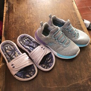 Youth Size 3 Adidas slides and Sketchers sneakers